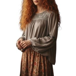 Luna Moon Gray Chambray Embroidered Floral Babydoll Blouse Size M